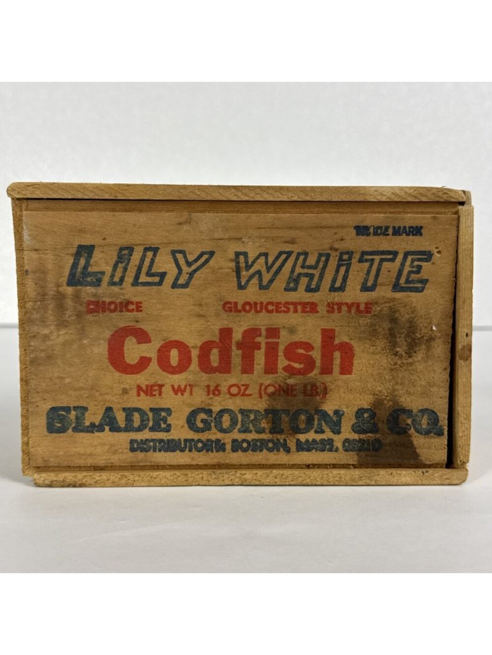 Slade Gorton & Co Lilly White Codfish Wood Box USA Boston Mass 50s 60s empty box